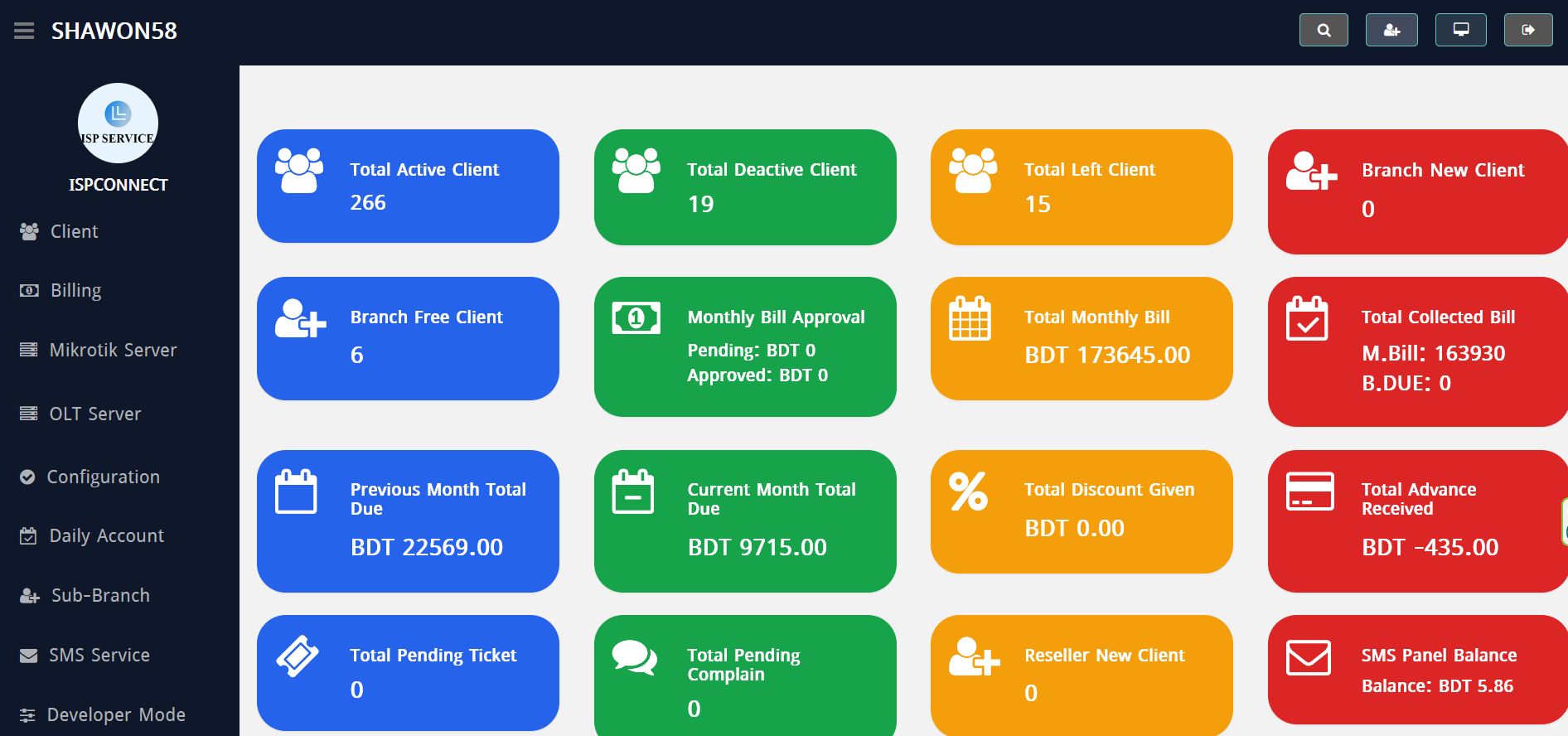 ISPConnect real dashboard screenshot